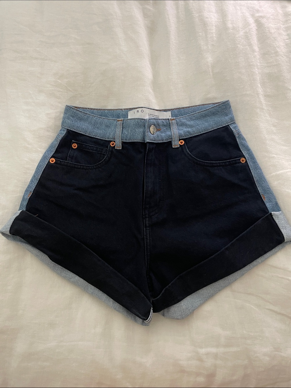 IRO Two-Tone Black & Light Blue Denim High-Rise Shorts